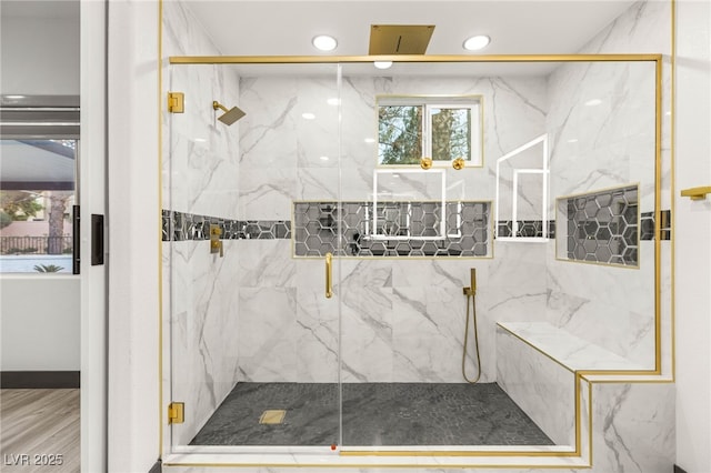 9029 Rivers Edge Dr, Las Vegas, NV 89117 - full bathroom featuring a marble finish shower and recessed lighting