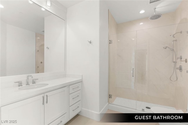 9101 Alta Dr Unit 102, Las Vegas, NV 89145 - bathroom with a shower stall, vanity, recessed lighting, and baseboards