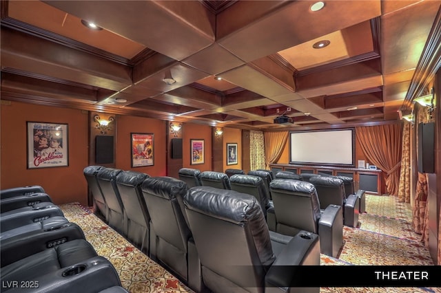 9101 Alta Dr Unit 102, Las Vegas, NV 89145 - home theater room with carpet flooring, beamed ceiling, coffered ceiling, and crown molding