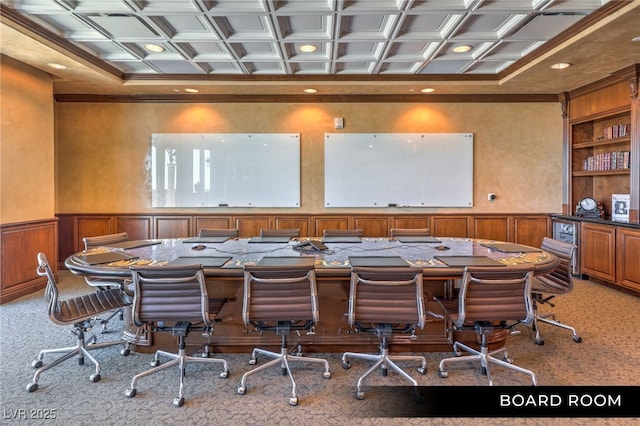 9101 Alta Dr Unit 102, Las Vegas, NV 89145 - carpeted office space featuring ornamental molding, a wainscoted wall, coffered ceiling, and built in shelves