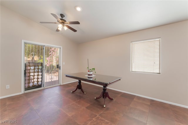 2825 Shayla Bay Ave, North Las Vegas, NV 89086 - tiled dining area featuring ceiling fan, lofted ceiling, baseboards, and recessed lighting