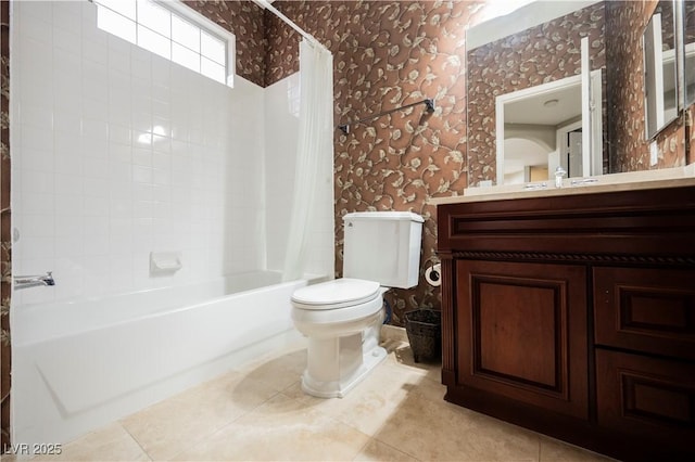 2050 W Warm Springs Rd Unit 4322, Henderson, NV 89014 - full bathroom featuring wallpapered walls, toilet, shower / tub combo with curtain, vanity, and tile patterned floors