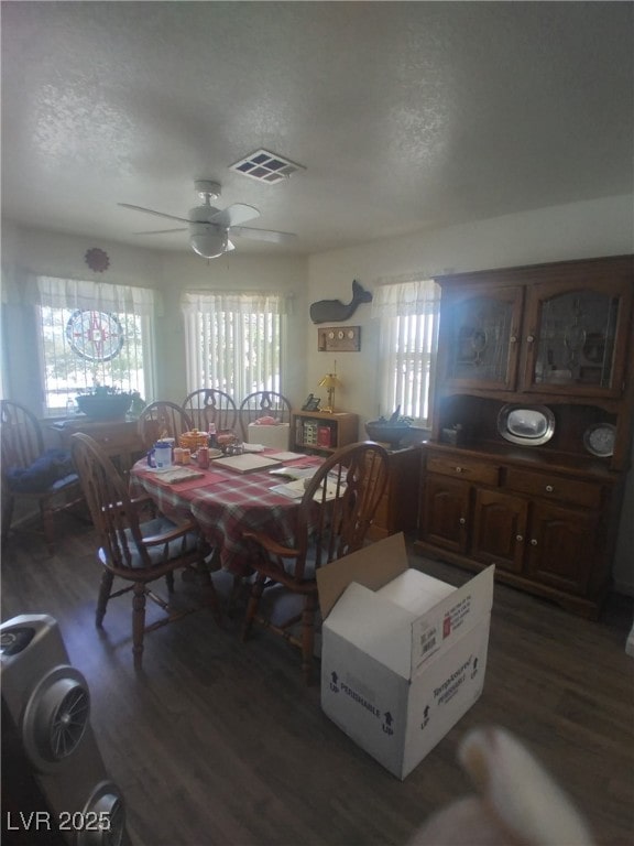 1611 Red Rock Dr, Pahrump, NV 89048 - dining space featuring plenty of natural light, wood finished floors, a textured ceiling, and a ceiling fan