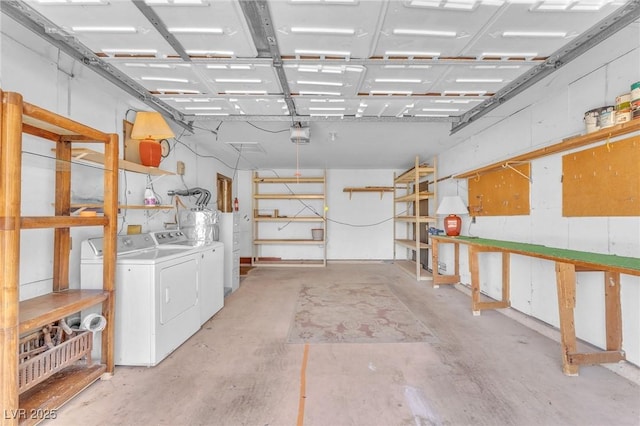 3158 La Luna Cir, Henderson, NV 89014 - garage with washer and dryer, a workshop area, and a garage door opener