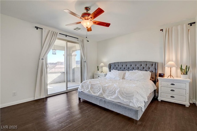 5434 Fawn Chase Way, Las Vegas, NV 89135 - bedroom featuring access to exterior, dark wood-type flooring, baseboards, and ceiling fan