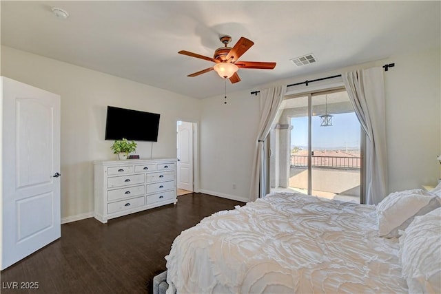 5434 Fawn Chase Way, Las Vegas, NV 89135 - bedroom with access to exterior, baseboards, dark wood finished floors, and a ceiling fan