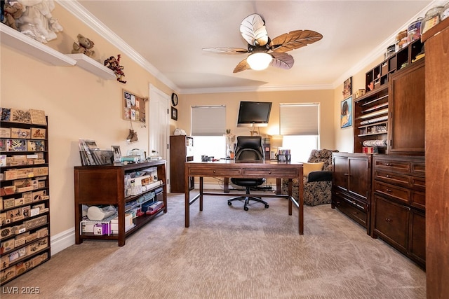 7718 Willow Cove Cir, Las Vegas, NV 89129 - office featuring light carpet, crown molding, and a ceiling fan