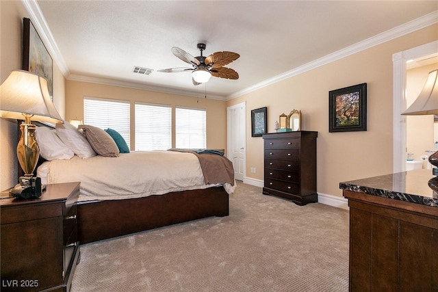 7718 Willow Cove Cir, Las Vegas, NV 89129 - bedroom featuring light carpet, ornamental molding, baseboards, and ceiling fan
