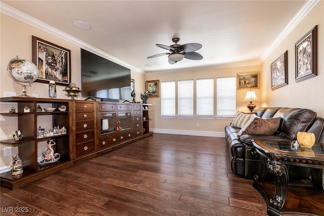 7718 Willow Cove Cir, Las Vegas, NV 89129 - living room with a ceiling fan, crown molding, dark wood-type flooring, and baseboards