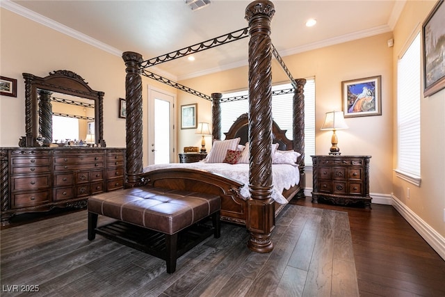 7718 Willow Cove Cir, Las Vegas, NV 89129 - bedroom with baseboards, dark wood finished floors, crown molding, and recessed lighting