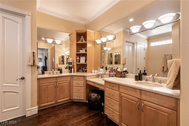 7718 Willow Cove Cir, Las Vegas, NV 89129 - bathroom featuring two vanities, wood-type flooring, and crown molding