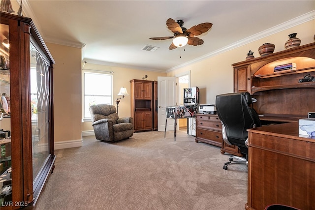 7718 Willow Cove Cir, Las Vegas, NV 89129 - office area with light colored carpet, ceiling fan, ornamental molding, and baseboards