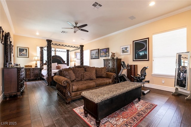 7718 Willow Cove Cir, Las Vegas, NV 89129 - living room with a ceiling fan, dark wood-type flooring, baseboards, ornate columns, and ornamental molding
