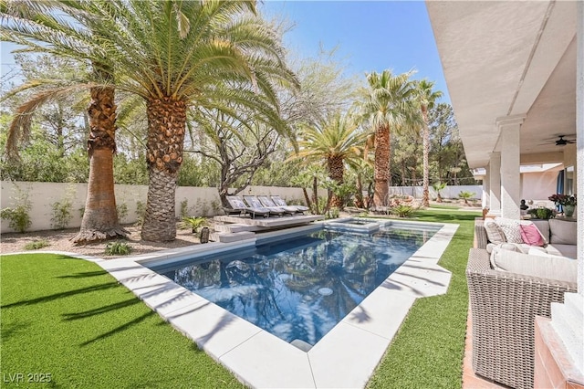 2231 S Tioga Way, Las Vegas, NV 89117 - view of swimming pool featuring an outdoor hangout area, a ceiling fan, a patio, and a pool with connected hot tub
