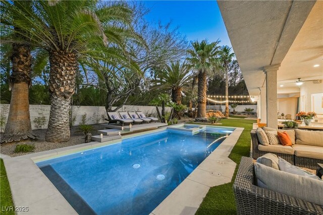 2231 S Tioga Way, Las Vegas, NV 89117 - view of pool featuring outdoor lounge area, a patio area, ceiling fan, and a pool with connected hot tub