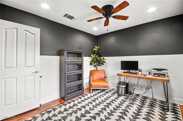 2021 Summit Pointe Dr, Las Vegas, NV 89117 - office space featuring a ceiling fan, wood finished floors, baseboards, and recessed lighting