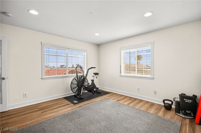 2021 Summit Pointe Dr, Las Vegas, NV 89117 - exercise room featuring wood finished floors, recessed lighting, and baseboards