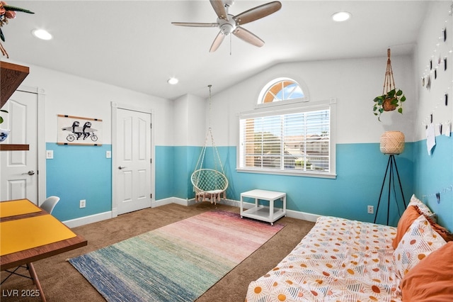 2021 Summit Pointe Dr, Las Vegas, NV 89117 - carpeted bedroom featuring lofted ceiling, baseboards, recessed lighting, and a ceiling fan