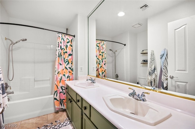2021 Summit Pointe Dr, Las Vegas, NV 89117 - bathroom featuring shower / bath combination with curtain, double vanity, toilet, tile patterned flooring, and recessed lighting