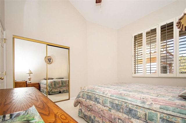 4911 Mount Pleasant Ln, Las Vegas, NV 89113 - bedroom featuring carpet flooring, a closet, lofted ceiling, and ceiling fan
