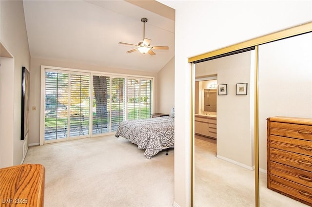 4911 Mount Pleasant Ln, Las Vegas, NV 89113 - bedroom featuring light colored carpet, access to outside, ceiling fan, baseboards, and high vaulted ceiling