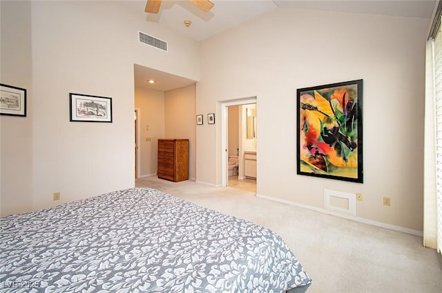 4911 Mount Pleasant Ln, Las Vegas, NV 89113 - bedroom featuring carpet flooring, high vaulted ceiling, baseboards, ensuite bathroom, and ceiling fan