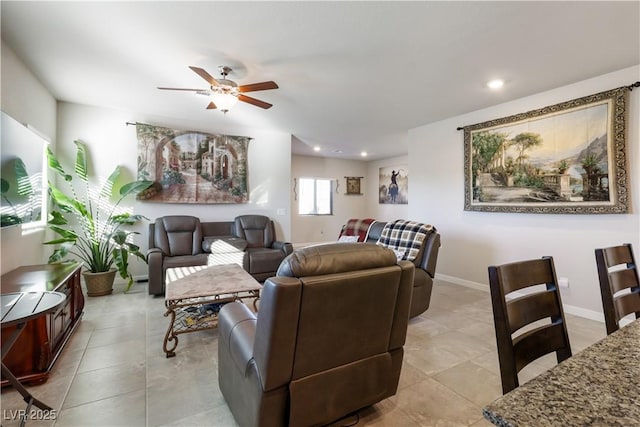 42 Late Harvest Ave, Pahrump, NV 89060 - living room with ceiling fan, recessed lighting, light tile patterned floors, and baseboards