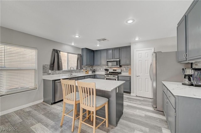 687 Porchtown Ave, Las Vegas, NV 89183 - kitchen featuring appliances with stainless steel finishes, gray cabinets, a sink, backsplash, and recessed lighting