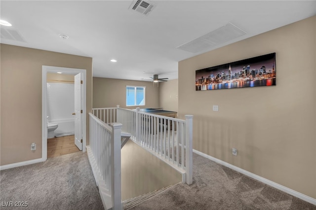 688 Monroe Hill Pl, Henderson, NV 89011 - hallway with an upstairs landing, carpet, baseboards, attic access, and recessed lighting
