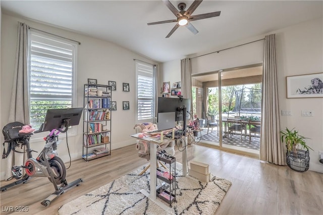 9655 Skye Star Ave, Las Vegas, NV 89166 - office with a ceiling fan, wood finished floors, baseboards, and vaulted ceiling