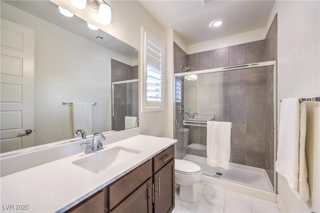 9655 Skye Star Ave, Las Vegas, NV 89166 - full bath with vanity, toilet, marble look tile flooring, a shower stall, and recessed lighting