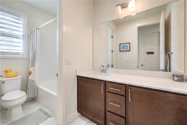 9655 Skye Star Ave, Las Vegas, NV 89166 - bathroom with marble finish flooring, toilet, vanity, shower / bathtub combination with curtain, and baseboards