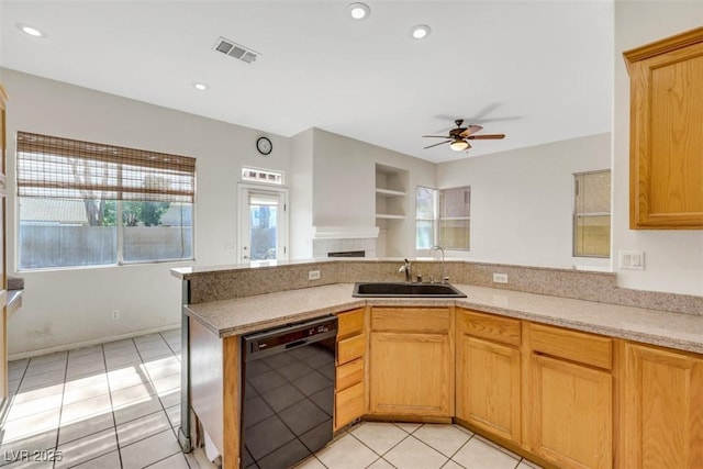8849 Pheasant Valley Way, Las Vegas, NV 89123 - kitchen featuring dishwasher, a peninsula, a sink, a ceiling fan, and light tile patterned floors