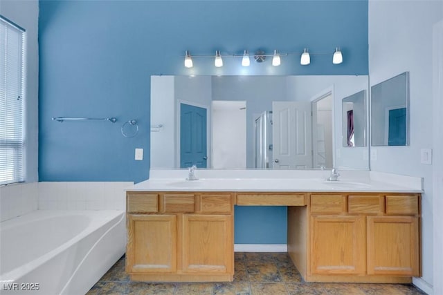 8849 Pheasant Valley Way, Las Vegas, NV 89123 - full bathroom with double vanity, a garden tub, and a shower with shower door