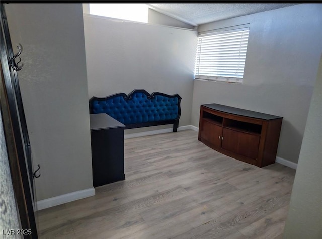 709 Evergreen Cir, Las Vegas, NV 89107 - living area featuring lofted ceiling, light wood finished floors, baseboards, and a textured ceiling