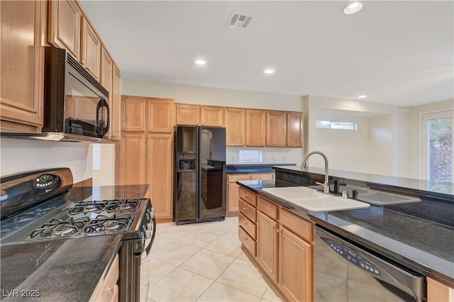 11441 Drappo Ave, Las Vegas, NV 89138 - kitchen with black appliances, a sink, light tile patterned floors, and recessed lighting