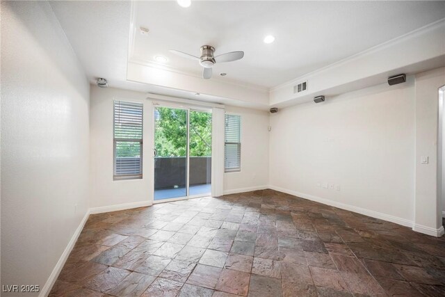68 E Serene Ave Unit 224, Las Vegas, NV 89123 - spare room featuring a raised ceiling, stone tile flooring, a ceiling fan, baseboards, and ornamental molding