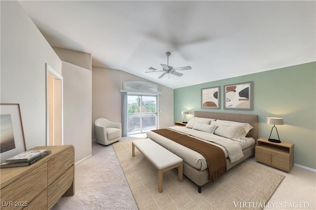 3050 Whispering Crest Dr, Henderson, NV 89052 - bedroom with access to exterior, light colored carpet, vaulted ceiling, baseboards, and ceiling fan