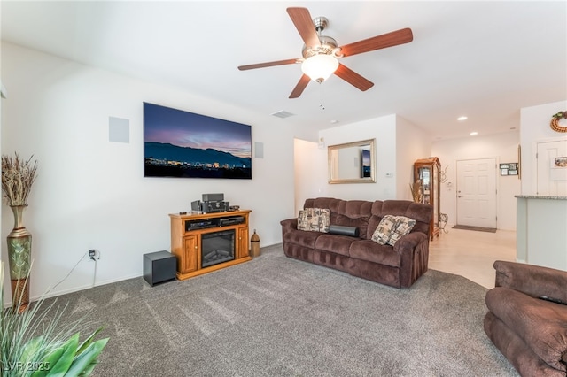 2413 Mourning Warbler Ave, North Las Vegas, NV 89084 - living room featuring a ceiling fan, carpet, recessed lighting, and baseboards
