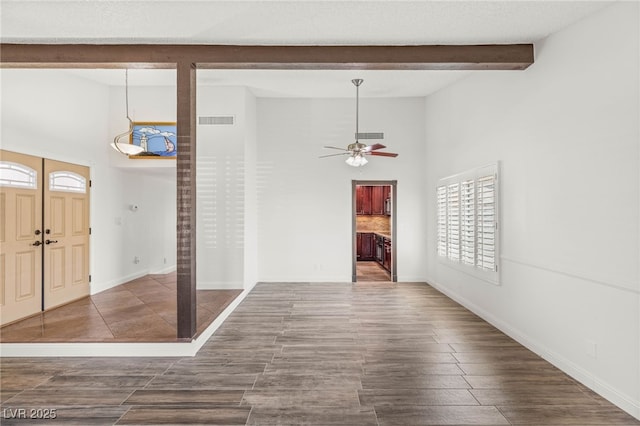 1505 Irene Dr, Boulder City, NV 89005 - foyer entrance featuring high vaulted ceiling, a ceiling fan, beamed ceiling, baseboards, and wood finished floors