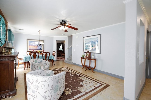 3404 Brayton Mist Dr, North Las Vegas, NV 89081 - living area featuring ornamental molding, light tile patterned floors, ceiling fan, baseboards, and stairs