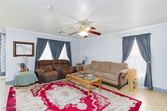 3404 Brayton Mist Dr, North Las Vegas, NV 89081 - tiled living room featuring crown molding, ceiling fan, and baseboards