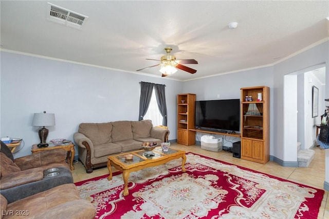 3404 Brayton Mist Dr, North Las Vegas, NV 89081 - living room featuring a ceiling fan, crown molding, light tile patterned flooring, and baseboards