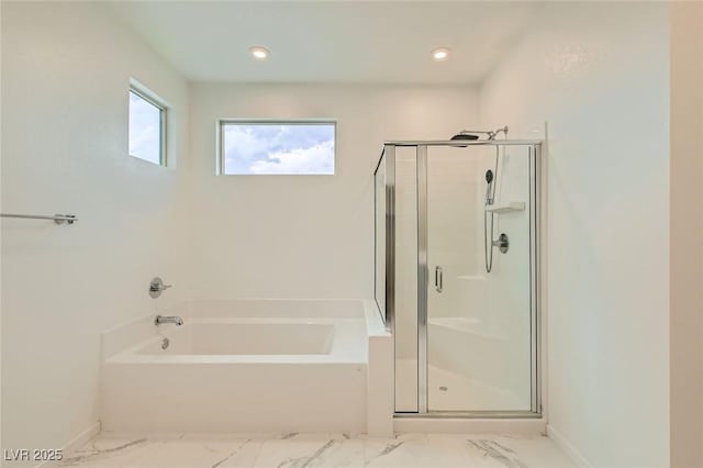6830 Fallen Rock St, North Las Vegas, NV 89084 - bathroom featuring a stall shower, a garden tub, marble finish floors, baseboards, and recessed lighting