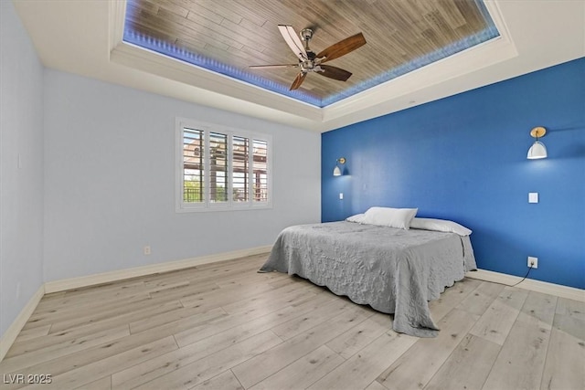3096 Beaux Art Ave, Henderson, NV 89044 - bedroom featuring a raised ceiling, wood ceiling, baseboards, wood finished floors, and ceiling fan