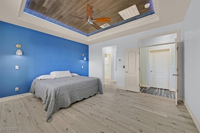 3096 Beaux Art Ave, Henderson, NV 89044 - bedroom featuring a raised ceiling, wood ceiling, baseboards, wood finished floors, and a ceiling fan
