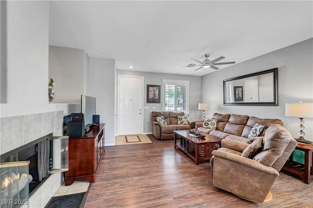 4020 Driscoll Mountain St, Las Vegas, NV 89129 - living area with wood finished floors, ceiling fan, a fireplace, and recessed lighting
