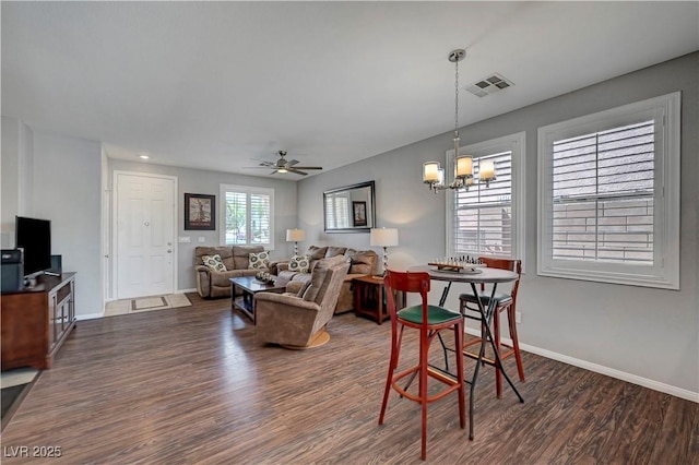 4020 Driscoll Mountain St, Las Vegas, NV 89129 - dining space featuring dark wood-style floors, baseboards, a chandelier, a ceiling fan, and recessed lighting