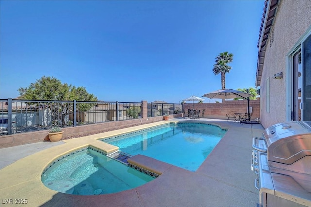 4020 Driscoll Mountain St, Las Vegas, NV 89129 - view of swimming pool with a patio area, a fenced backyard, a pool with connected hot tub, and a grill