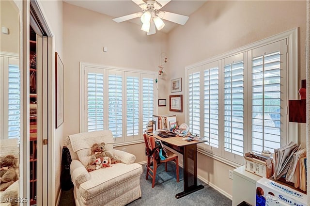 2801 Byron Dr, Las Vegas, NV 89134 - home office with carpet floors, ceiling fan, baseboards, and vaulted ceiling
